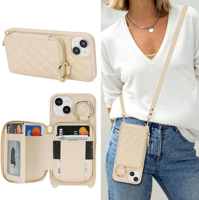 Crossbody Wallet Case for iPhone 14, PU Leather Zipper Handbag Purse Flip Cover, Kickstand Folio Case with Card Slots Holder Wrist Strap Lanyard 5G 6.1 Inch-White