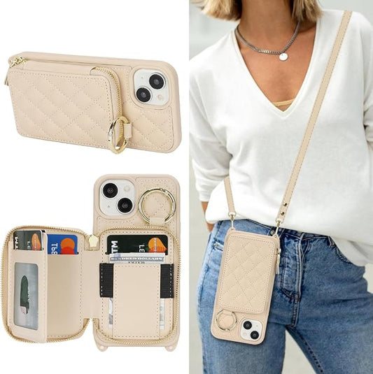 Crossbody Wallet Case for iPhone 14, PU Leather Zipper Handbag Purse Flip Cover, Kickstand Folio Case with Card Slots Holder Wrist Strap Lanyard 5G 6.1 Inch-White
