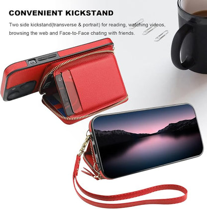 Bocasal RFID Blocking Wallet Case for iPhone 14 Plus, Adjustable Crossbody Zipper Purse Case Card Holder with Kickstand Detachable Wrist Strap, PU Leather Flip Folio Case 6.7 Inch 5G (Red)