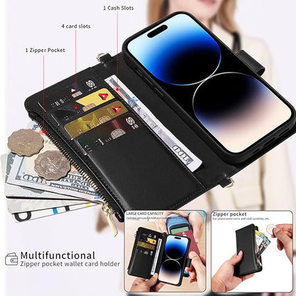 for iPhone 15 Pro(6.3 inches) Magnetic Wallet Case with Crossbody.Compatible with Magsafe detachable Wallet Case with Card Holder.Multi-Function 2 in 1 flip shoulder Strap with Zipper Case
