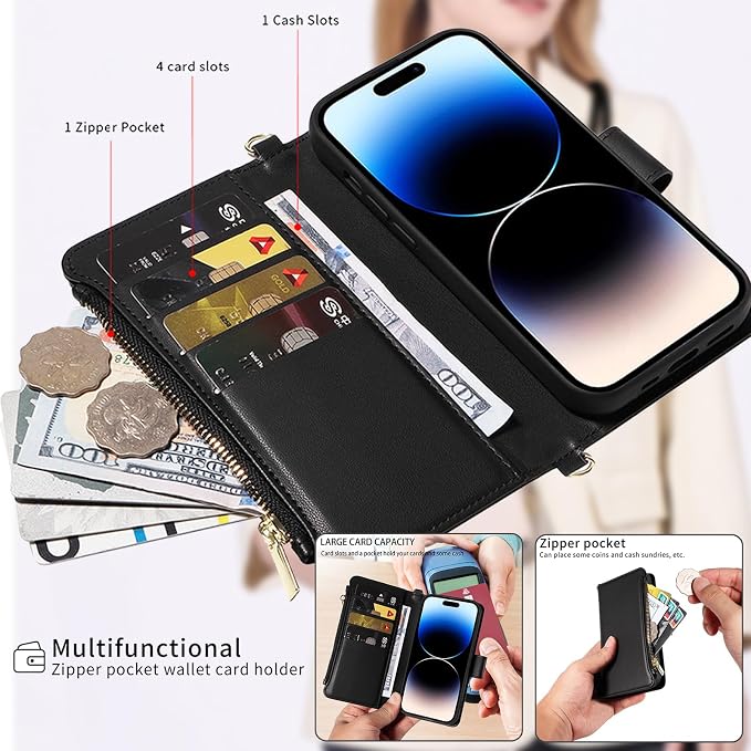 for iPhone 16 (6.1 inches) Detachable Wallet Case with Crossbody.Multi-Function 2 in 1 Magnetic Wallet Case with Card Holder.Flip Strap Zipper Phone Case with Shoulder Straps Black