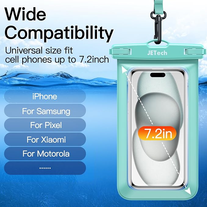 JETech Waterproof Phone Pouch, 2 Pack Water Proof Case for iPhone 17e 17 16e 16 15 14 Air Pro Max Plus, Galaxy S26 S25 Ultra, Pixel 10 Series and Others up to 7.2 Inch, IPX8 Dry Bag (Black+Green)