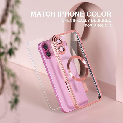 Misea Magnetic for iPhone 16 Case Compatible with MagSafe [Never Yellowing] [Military Grade Drop Protection] Full Camera Lens Protector Plating Soft Clear Phone Case for Women 6.1 inch, Pink