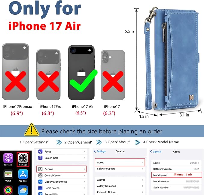 Wallet Case for iPhone Air with Card Holder/Crossbody Wallet/Strap,[RFID Blocking][Magnetic] PU Leather Phone Case for iPhone Air,6.5 in,Dream Sky Blue