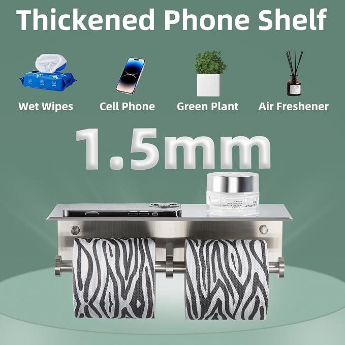 Double Toilet Paper Holder with Shelf Brushed Nickel, APLusee SUS 304 Stainless Steel Contemporary Tissue Roll Holder Mobile Phone Storage Rack