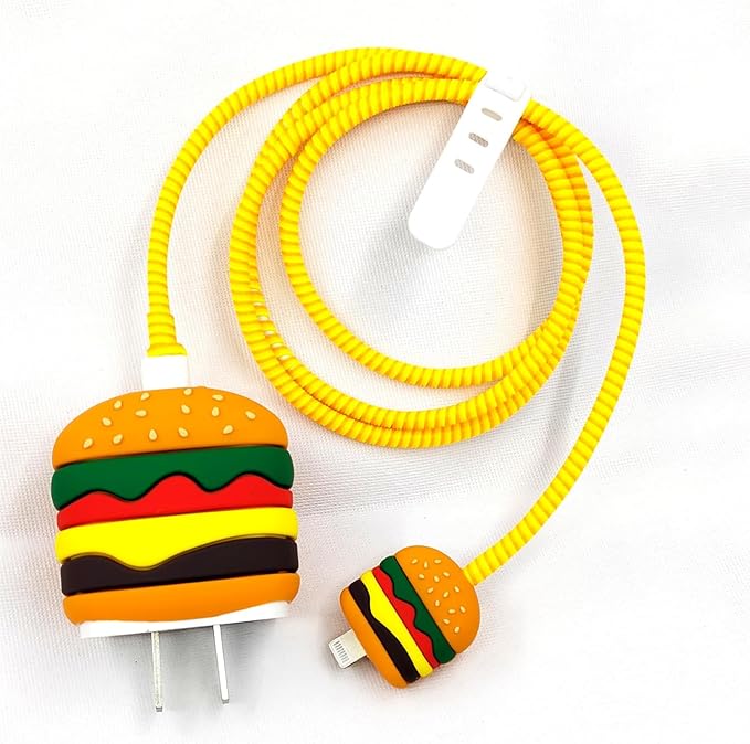 Compatible with Apple 20W/18W USB-C Adapter Charger, 3D Cartoon Protective Case for iPhone 20W USB-C Power Adapter Charger Fast Lightning Cable Cable Cover (Hamburger)