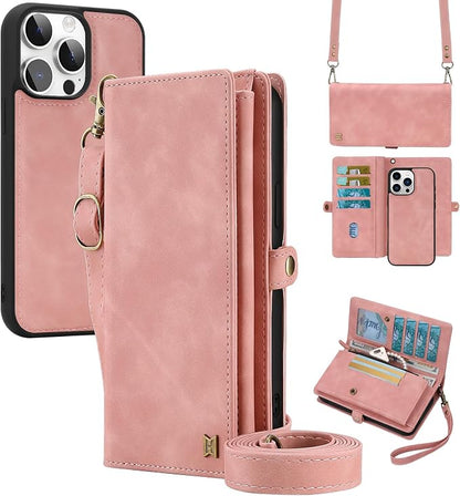 for Wallet Case Compatible with iPhone 14 Pro Max,Multi-Function Detachable 2 in 1 Magnetic iPhone 14 Pro Max Case Wallet,Flip Strap Zipper Card Holder Phone Case with Shoulder Straps (Pink)