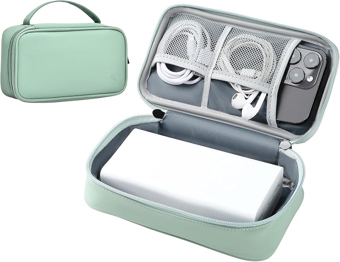 Portable Charger Organizer Travel Case Shockproof Power Bank case for Anker/Jackery/RAV/20000/30000mAh Power Bank Leather Electronic Case for PowerCore(Light Green, Single Layer-Large)
