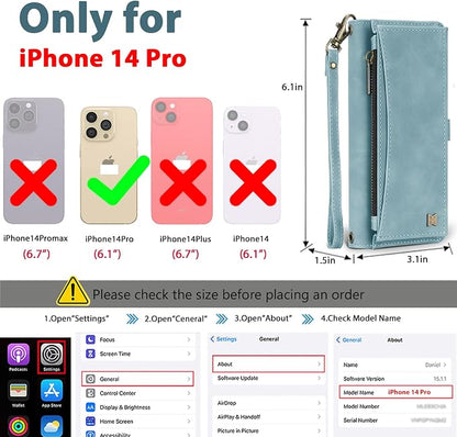 Wallet Case for iPhone 14 Pro with Card Holder/Crossbody Wallet/Strap| RFID Blocking | Magnetic | Kickstand | Detachable | PU Leather Phone Case for iPhone 14 Pro,6.1 in,Blue