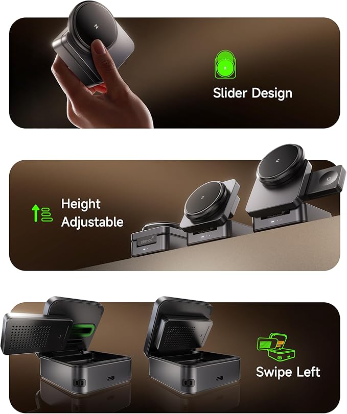 ZEEHOO 3-in-1 Foldable Magnetic Wireless Charging Station, Qi2 Certified 15W Travel Charger Stand Dock for iPhone 17/16/15/14/13/12 Series, Apple Watch, AirPods (30W Adapter Included)