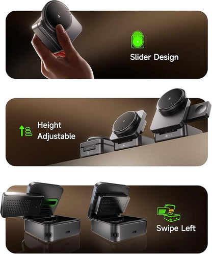 ZEEHOO 3-in-1 Foldable Magnetic Wireless Charging Station, Qi2 Certified 15W Travel Charger Stand Dock for iPhone 17/16/15/14/13/12 Series, Apple Watch, AirPods (30W Adapter Included)
