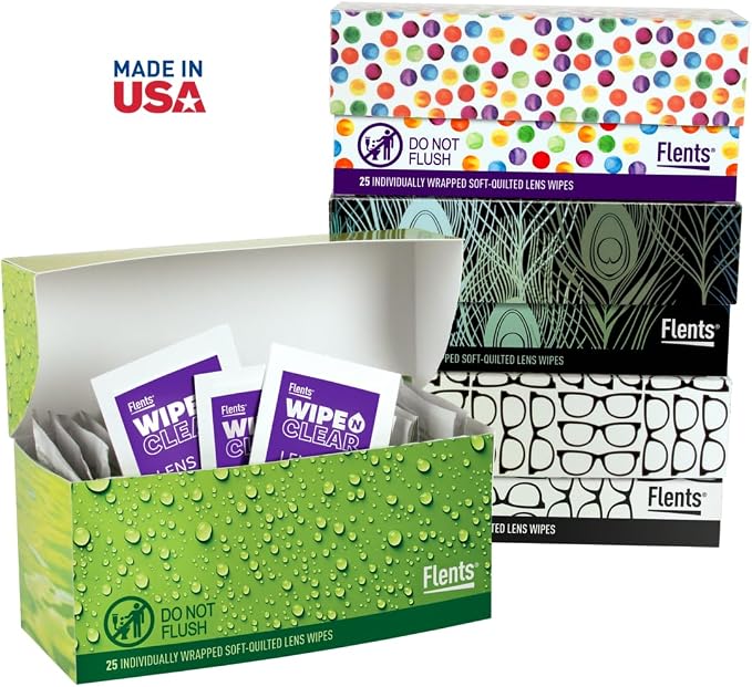Flents Wipe N Clear Lens Wipes, 25 Count, Assorted Box Patterns for Glasses, Sunglasses, and Camera Lenses, Streak-Free, Anti-Fog, Portable Cleaning Cloths, Individually Wrapped, Pocket Sized