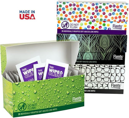 Flents Wipe N Clear Lens Wipes, 25 Count, Assorted Box Patterns for Glasses, Sunglasses, and Camera Lenses, Streak-Free, Anti-Fog, Portable Cleaning Cloths, Individually Wrapped, Pocket Sized