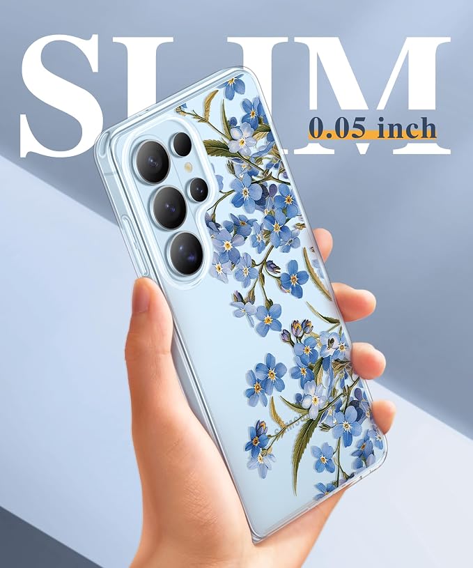 GVIEWIN for Samsung Galaxy S26 Ultra Case, Clear Floral Slim Shockproof Protective Women Phone Case, Non-Yellowing, with Screen Protector & Camera Lens Protector for S26 Ultra 6.9", Aconite/Blue