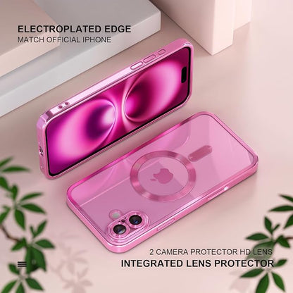 Misea Magnetic for iPhone 16 Plus Case Compatible with MagSafe [Never Yellowing] [Military Grade Drop Protection] Full Camera Lens Protector Plating Soft Clear Phone Case for Women 6.7 inch, Hot Pink