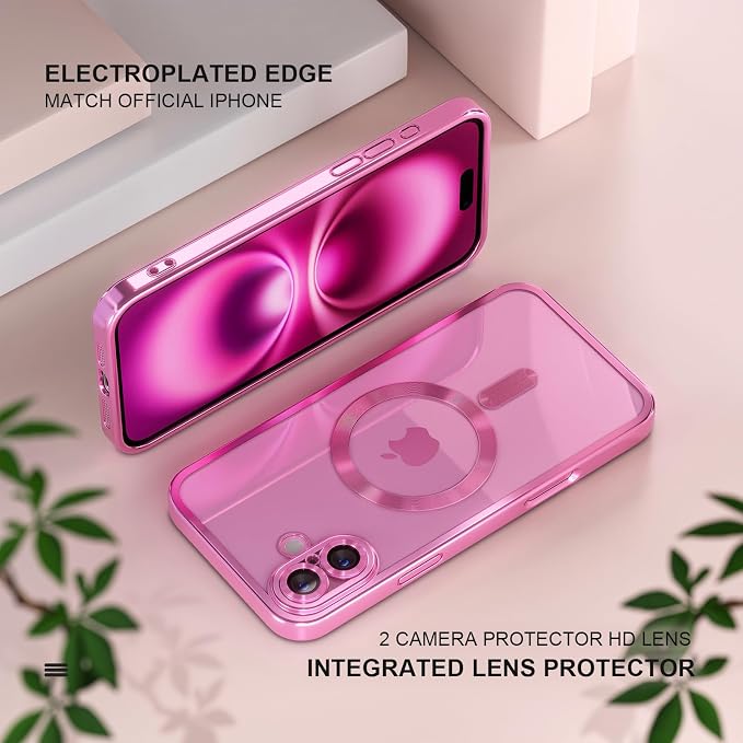 Misea Magnetic for iPhone 16 Case Compatible with MagSafe [Never Yellowing] [Military Grade Drop Protection] Full Camera Lens Protector Plating Soft Clear Phone Case for Women 6.1 inch, Hot Pink