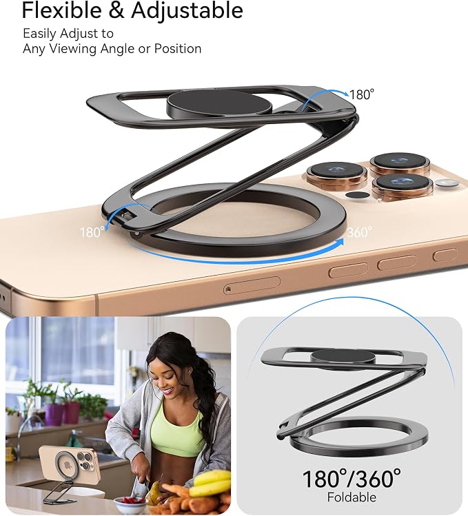 for MagSafe Magnetic Phone Grip Stand [Upgrade Dual-Hinge-Sided Magnets] Compatible with MagSafe Ring Gym Car Holder for iPhone 17/16/15/14/13/12 Pro Max Series Case All Phones (Black)