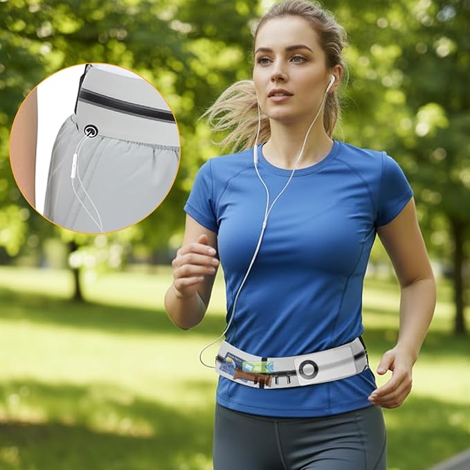 Slim Running Belt with 2 Pockets for women & Men Runners Fanny Pack Phone Holder,Reflective Fanny Pack,Running Gear Accessories with Buckle(Grey)