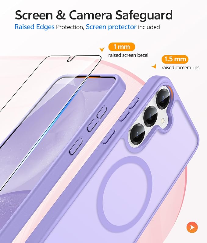 FNTCASE for Samsung Galaxy S25/S24 Case, Fit for Magsafe, Screen Protector | Translucent Matte Magnetic Back, 14FT Military Grade Drop Protection, Shockproof Protective Phone Cover, Light Purple