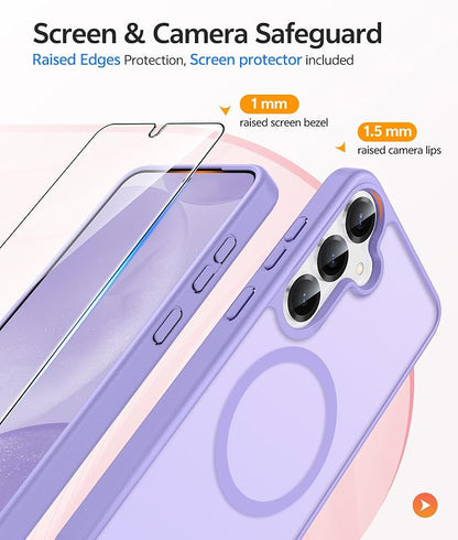 FNTCASE for Samsung Galaxy S25/S24 Case, Fit for Magsafe, Screen Protector | Translucent Matte Magnetic Back, 14FT Military Grade Drop Protection, Shockproof Protective Phone Cover, Light Purple