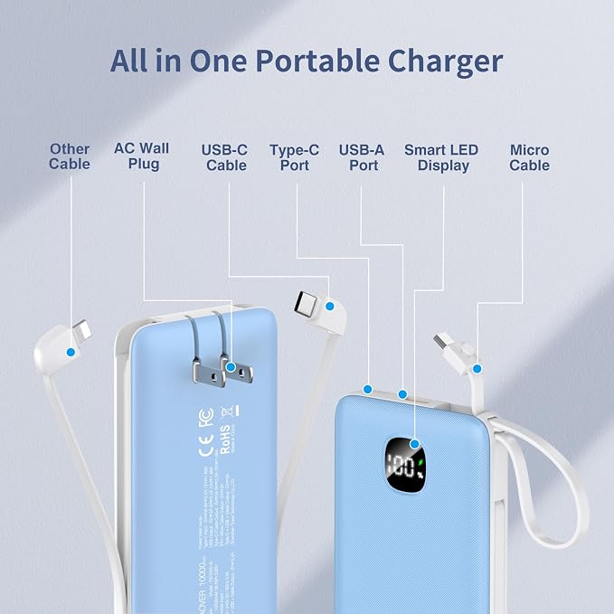 penaover Portable Charger with Built-in Cables&AC Wall Plug,Slim 10000mAh 22.5W Fast Charging Power Bank,5 Output 2 Input USB-C External Battery Pack Compatible with iPhones,Samsung,Android, etc