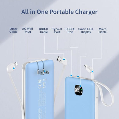 penaover Portable Charger with Built-in Cables&AC Wall Plug,Slim 10000mAh 22.5W Fast Charging Power Bank,5 Output 2 Input USB-C External Battery Pack Compatible with iPhones,Samsung,Android, etc