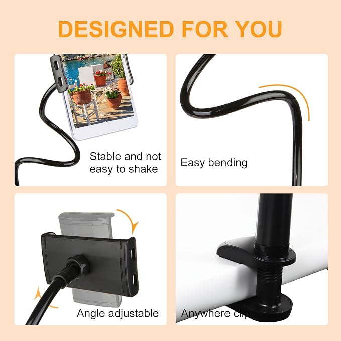 ZUYEE Gooseneck Tablet Holder for Bed 4-10.5" Devices iPad Holder Stand Desk Mount Clip 30 inch Flexible Arm Clamp for iPad mini Air Galaxy Tabs Nintendo Switch Kindle Fire Cell Phone White