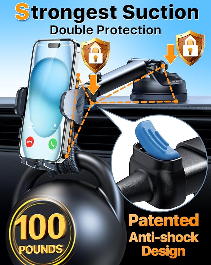 HTU 2026 Ultimate Best【True Military-Grade & Safety Cert】Car Phone Holder【Upgraded 360 Rotation & 100+LBS Strongest Suction】5-in-1 Truck Windshield Dashboard Vent Mount Stand for iPhone Android, Red