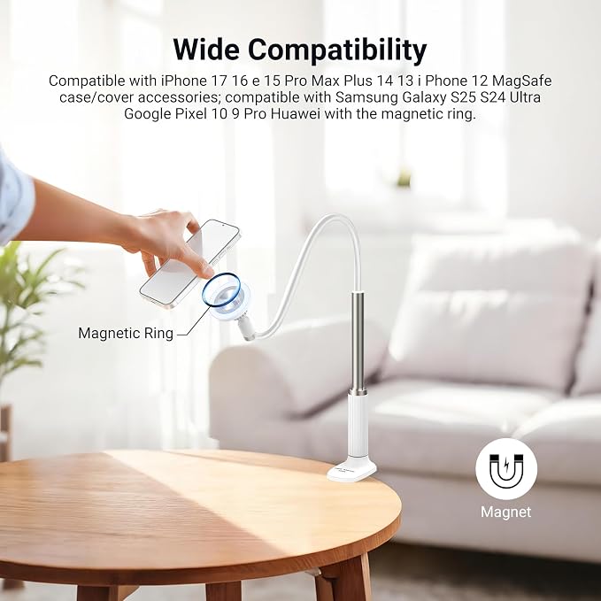NEEWER Basics Magnetic Phone Stand for Desk, 360° Overhead Table Cellphone Holder Clamp Mount with Flexible Arm, Compatible with MagSafe iPhone Android Samsung for Bed Video Recording, PA151 White