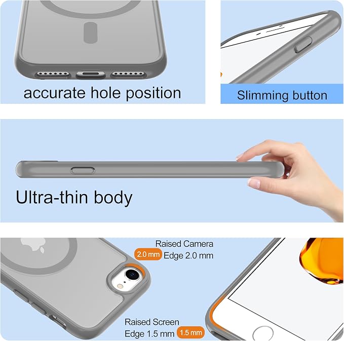 Pilaru for iPhone SE Case 2022 (3rd)/2020 (2nd),iPhone 8 Case, iPhone 7 Case [Compatible with Magsafe] (Military Grade Drop Protection) Translucent Matte Magnetic Case,SlimThin Shockproof-Gray
