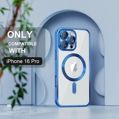 Misea Magnetic for iPhone 16 Pro Case Compatible with MagSafe [Never Yellowing] [Military Grade Drop Protection] Full Camera Lens Protector Plating Soft Clear Phone Case for Women 6.3", Deep Blue