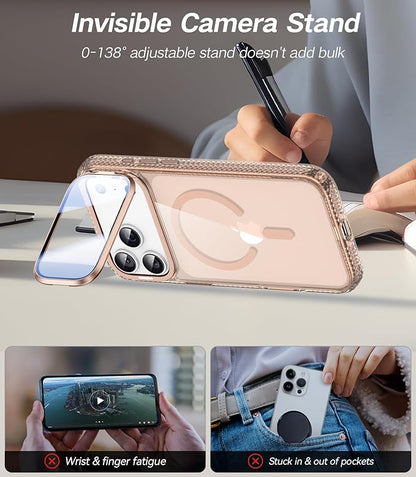 [Upgraded Full Camera Protection] for iPhone 17 Pro Max Case with Camera Cover Stand [Fit for MagSafe][10FT Mil-Grade Protection] Transparent Magnetic iPhone 17 Pro Max Phone Case, Clear Gold