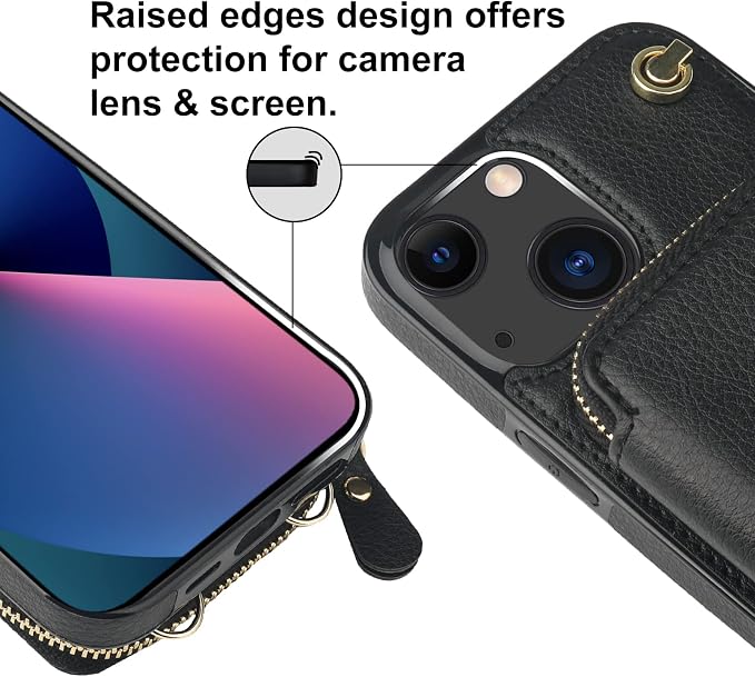 Bocasal Crossbody Wallet Case for iPhone 14 iPhone 13, RFID Blocking Leather Purse Case with Card Holder, Protective Handbag Flip Cover with Zipper Wrist Strap Lanyard for Women 5G 6.1 Inch (Black)