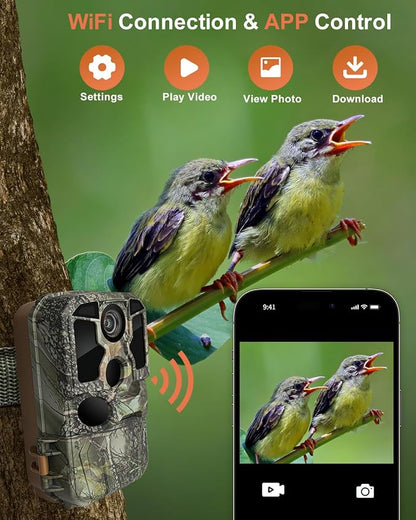 KJK Trail Camera WiFi 8K 84MP with 64GB Memory Card, Game Camera with Night Vision, 0.05s Trigger Motion Activated, IP67 Waterproof 130°Wide-Angle 42pcs No Glow Infrared LEDs for Wildlife Monitoring