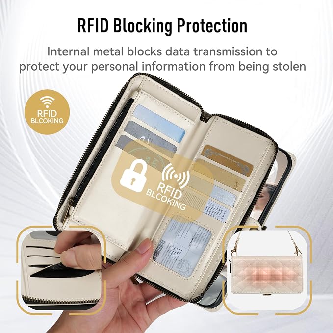 Rssviss Crossbody Case for iPhone 17 Pro Max Case Wallet, RFID Blocking Leather with Card Holder Kickstand, Handbag Zipper Flip Cover with Wrist Strap for iPhone 17 Pro Max Men Women 6.9", White