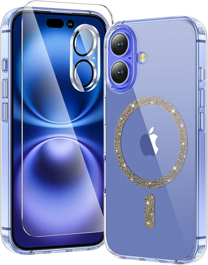 3 in 1 for iPhone 16 Plus Case Clear Colored Mag-Ring | with MagSafe,Screen Protector *1 & Camera Lens Protector*1, Military-Grade Protection