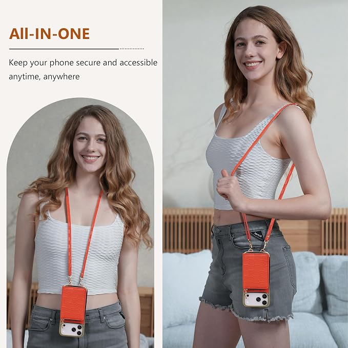 Keallce for iPhone 17 Pro Max 6.9'' Wallet Case, Crossbody Zipper Purse with 4 Card Slots RFID Blocking, Lanyards & Wrist Straps, Flip Leather Folio Cover with Kickstand for iPhone 17 Pro Max, Orange