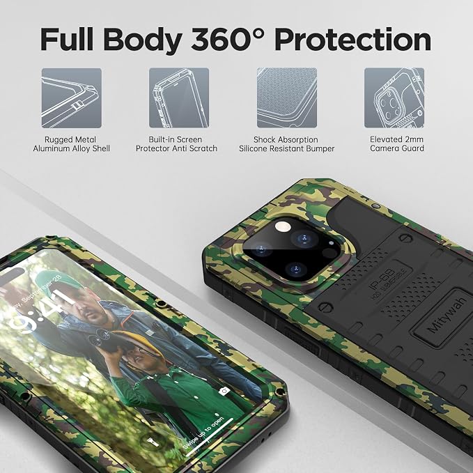 Mitywah Waterproof Case for iPhone 14 Pro, Heavy Duty Shockproof Case with Built-in Screen Protector, Full Body Underwater Protective Metal Case 6.1 inch, Camouflage