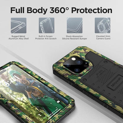 Mitywah Waterproof Case for iPhone 14 Pro, Heavy Duty Shockproof Case with Built-in Screen Protector, Full Body Underwater Protective Metal Case 6.1 inch, Camouflage