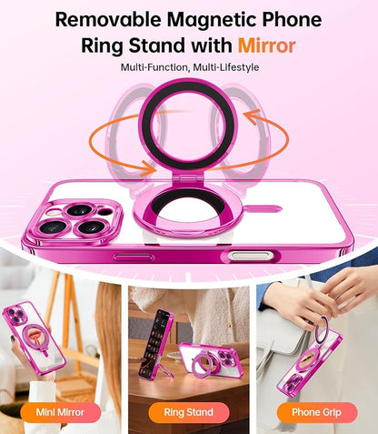 Meifigno Magnetic Case with Removable Phone Ring Stand for iPhone 16 Pro, [Glitter Card & Wrist Strap] [MagSafe Compatible] [Built in Mirror] Magnetic Phone Ring Holder + 16 Pro Case Kit, Hot Pink