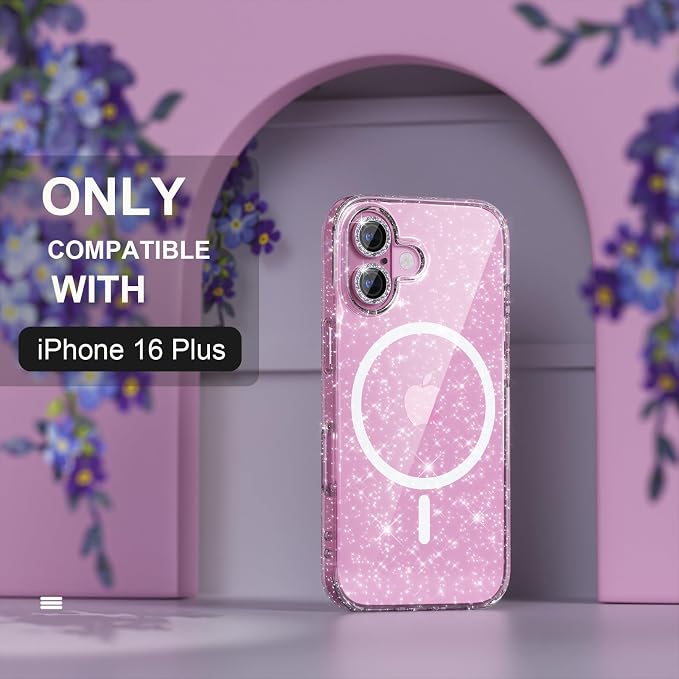 Choiche for iPhone 16 Plus Case Magnetic, Women Clear Glitter Bling Sparkly Case, [2xDiamond Camera Lens Protectors] [2xTempered Glass Screen Protectors] [Compatible MagSafe] 6.7" (Glitter Clear) | Women, Bling, Sparkly, Compatible MagSafe