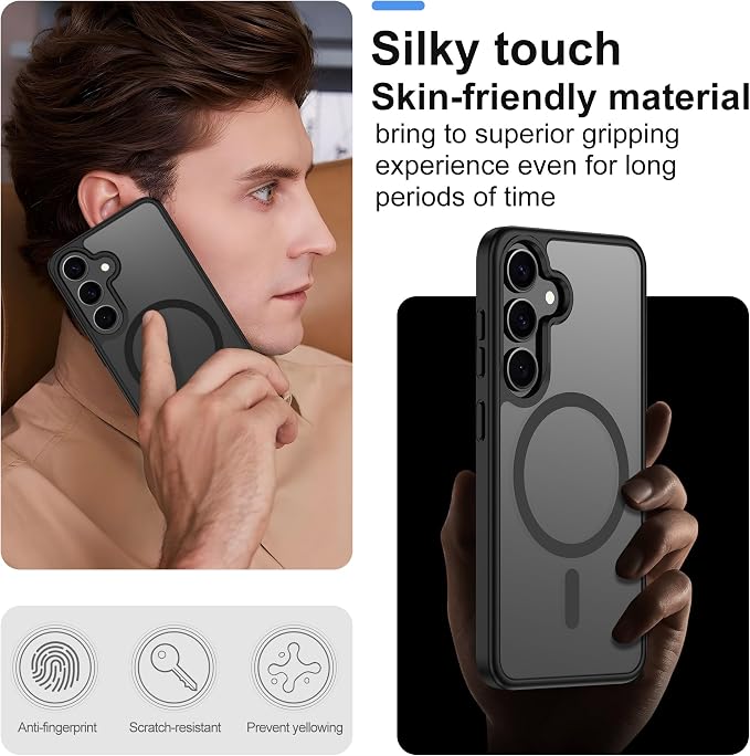 For Samsung Galaxy S24 Case & Galaxy S25 Case [Compatible with Magsafe] Translucent Matte Magnetic Phone Case,Slim Thin Duty Shockproof Protection Cover with 2pc HD Screen Protector for S24/S25-Black