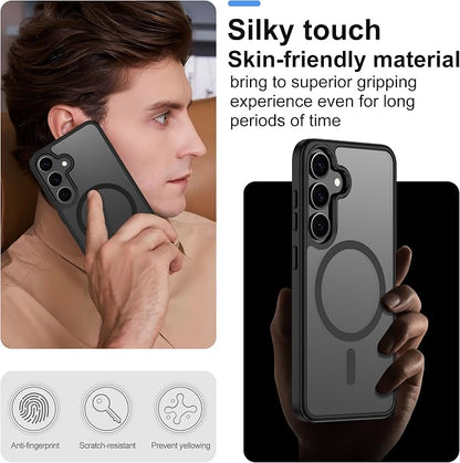 For Samsung Galaxy S24 Case & Galaxy S25 Case [Compatible with Magsafe] Translucent Matte Magnetic Phone Case,Slim Thin Duty Shockproof Protection Cover with 2pc HD Screen Protector for S24/S25-Black