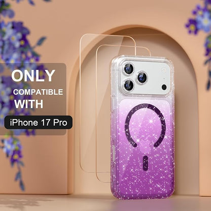 Choiche Magnetic for iPhone 17 Pro Case Compatible with MagSafe, Women Cute Glitter Sparkly Phone Case with Diamond Camera Lens Protectors, Military-Grade Drop Protection 6.3" (Clear/Purple)