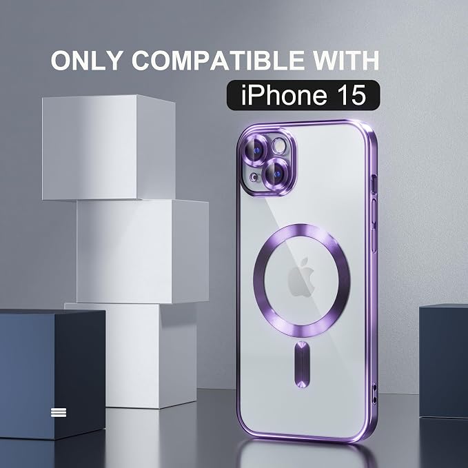 Misea Magnetic for iPhone 15 Case Compatible with MagSafe [Never Yellowing] [Military Grade Drop Protection] Full Camera Lens Protector Plating Soft Clear Phone Case for Women, Purple