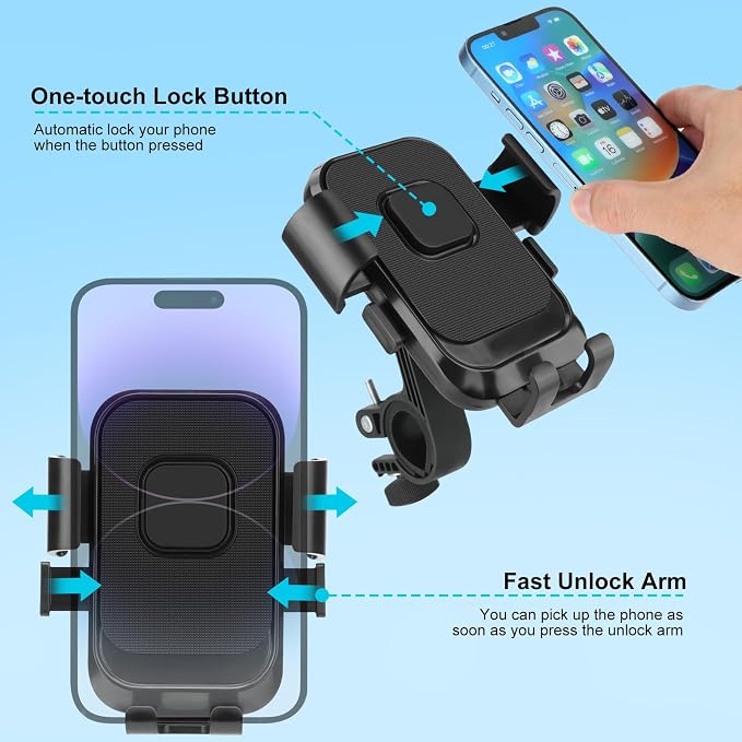 Kairiyard Motorcycle Phone Mount, 1s Auto Lock Bike Phone Holder, Bicycle Handlebar Cell Phone Mount 360 Degree Rotatable for Mountain Bike ATV Electric Scooter