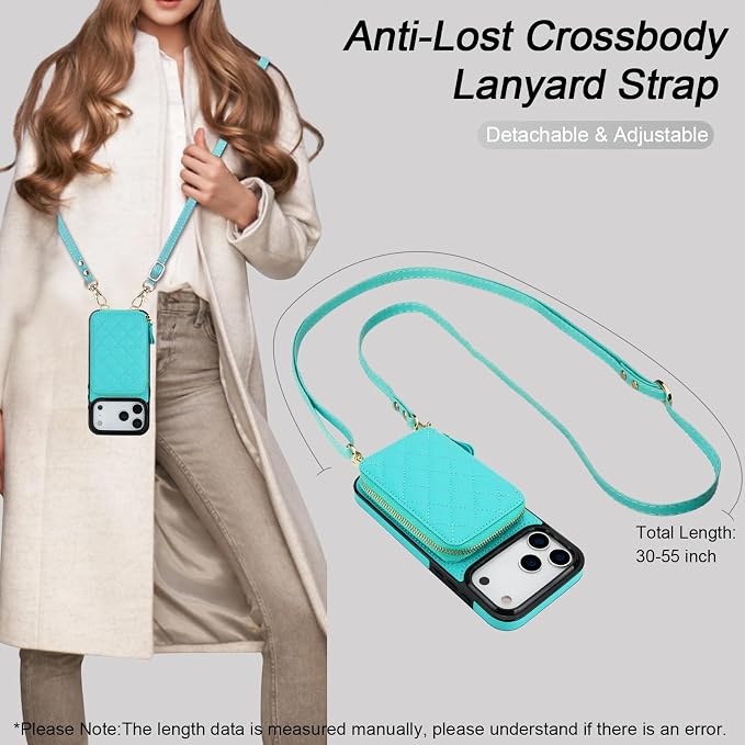 Bocasal Crossbody Wallet Case for iPhone 17 Pro Max, RFID Blocking PU Leather Zipper Handbag Purse Flip Cover, Kickstand Folio Case with Card Slots Holder Wrist Strap Lanyard 5G 6.9 Inch (Mint Green)