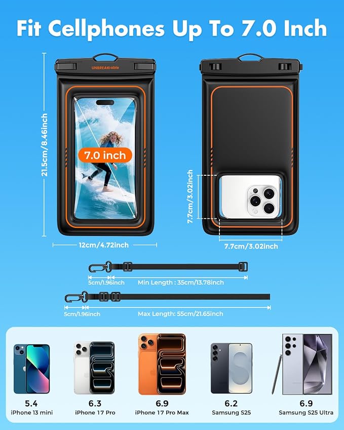 UNBREAKcable Floating Waterproof Phone Pouch 2 Pack, IPX8 Waterproof Phone Case Dry Bag Kayak/Beach/Cruise Travel Essentials, Water Proof Pouch for iPhone 17 16 15 Pro Max, Samsung S25 Ultra S24-7"