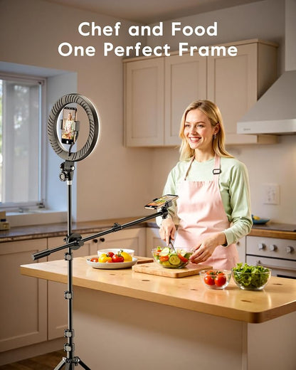 LUXSURE Ring Light with Stand for Phones, Tripod with Ring Light for iPhone, Overhead Phone Mount 10.5" with Phones Stand and Remote, Phone Tripod with Light for Video Recording/Live Stream/Cooking