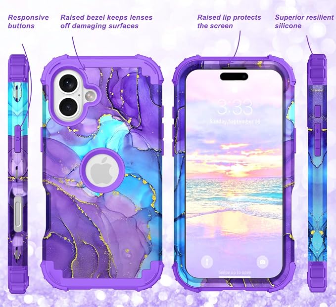 Hocase for iPhone 16 Plus Case 6.7", Heavy Duty Shockproof Protection Soft Silicone Rubber+Hard Plastic Bumpers Hybrid Protective Case for iPhone 16 Plus 2024 - When Purple Meets Blue